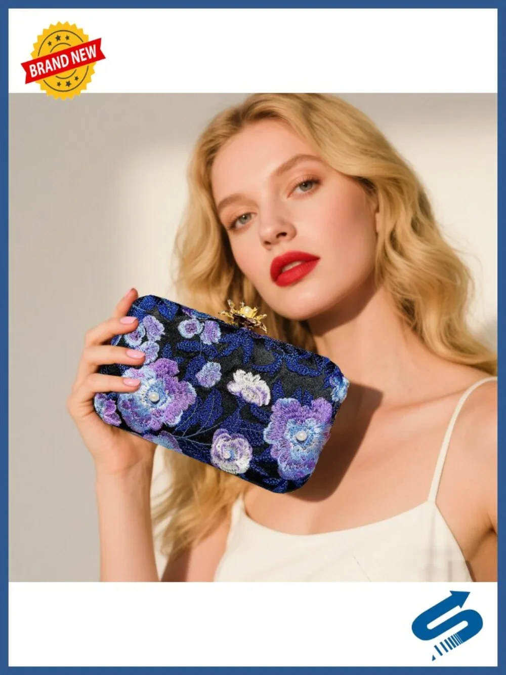 Handmade Floral Embroidered Vintage Clutch Evening Bag with Chain Strap